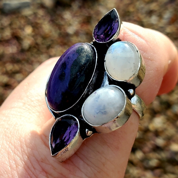 New Charoite, Rainbow Moonstone, and Amethyst 925 Silver Ring. - Picture 9 of 16